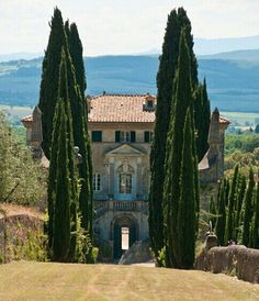 an old house surrounded by trees in the countryside