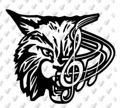 an image of a wolf head with musical notes on it's face, in black and white