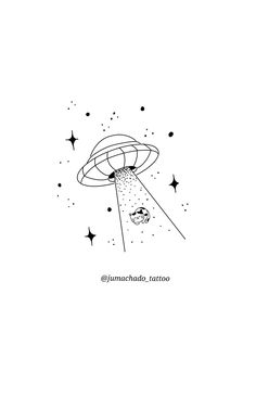 a black and white drawing of an alien flying in the sky with stars around it