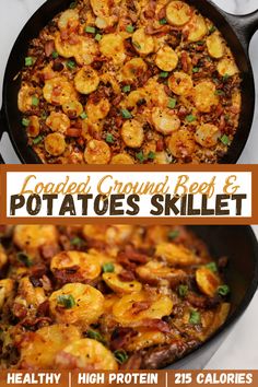 a skillet with shrimp and potatoes in it