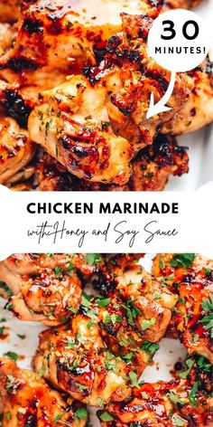 chicken marinade with herbs and spices is shown in two different pictures, the top one has