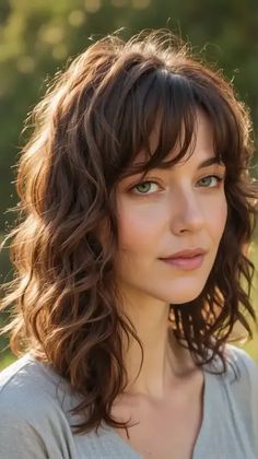 23 Stunning Wavy Hair with Bangs: Styles for Every Face Shape Medium Length Wavy Haircut With Bangs, Bangs Hairstyles Wavy Hair, Wavy Hair Bangs Glasses, Haircuts For Wavy Hair With Bangs, Wavy Bangs Haircut, Wavy Medium Hair With Bangs, 2b Shag Haircut, Wavy Hair Straight Bangs, Wavy Hair Fringe Bangs