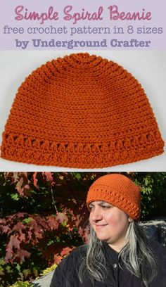 an orange crochet beanie is shown with text that reads, simple spiral beanie free crochet pattern in 8 sizes by underground crafter