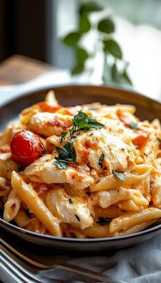 a plate of pasta with chicken, tomatoes and parsley