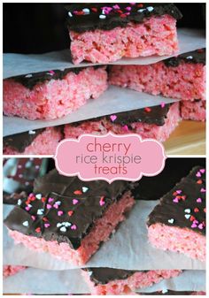 cherry rice krispie treats with chocolate and sprinkles on the top one is pink