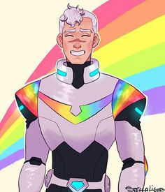 a man in a futuristic suit standing next to a rainbow colored background