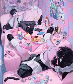 a man laying on top of a pink couch next to a table filled with food