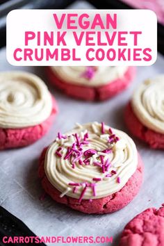 vegan pink velvet crumbl cookies with white frosting and sprinkles