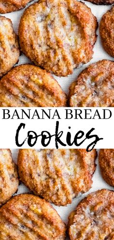 banana bread cookies are stacked on top of each other with the words, bananas bread cookies