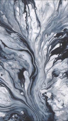 an abstract painting with black and white swirls on the bottom, in shades of blue