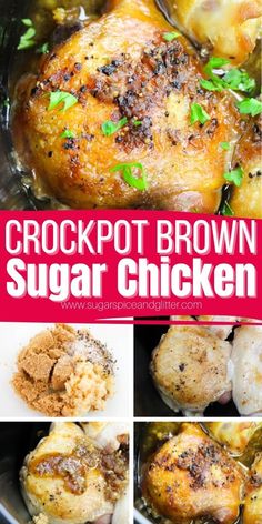 crockpot brown sugar chicken in a skillet with the words crockpot brown sugar