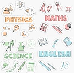 various stickers that say physics, math and english