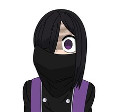 an anime character with black hair wearing a purple outfit and scarf over her head, looking at the camera