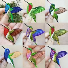 six images of different colored hummingbirds in flight