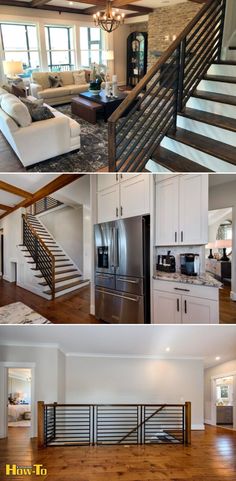 four different views of a living room, kitchen, and dining area with stairs leading up to the second floor