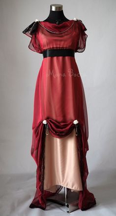 This gorgeous dress is made of dark red wine shade delicate, silky chiffon and cappuccino satin, . Beautifully finished with silver embroidery, silver beading, handmade flowers and laces. The dress can be fully customized, made in different colours, made of silk for the additional cost of silk etc. Made to order - leading time 4-6 weeks depending on my order book. Please see the sizing guide here https://www.etsy.com/uk/listing/471979838/size-chart If you need custom size, please contact me with 1910s Red Dress, 1912 Dress, Historic Outfits, Wine Evening, Burgundy Red Dress, 1900s Dress, Clinically Insane, Oc Clothes, Gaun Abad Pertengahan