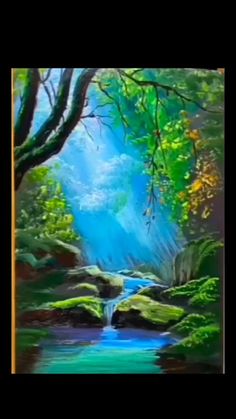 a painting of a stream running through a lush green forest