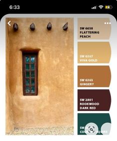 an adobe style house with brown and green paint colors on the walls, along with three different color swatches