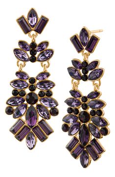 Show off glamorous sparkle in mixed-cut crystal drop earrings finished in gleaming goldtone plate. 2 1/2" drop; 3/4" width Post back Goldtone plate/glass Imported Purple Earrings, Crystal Drop Earrings, Amethyst Earrings, Crystal Drop, Keep Jewelry, Crystal Cluster, Bay Window, Purple Gold, Show Off