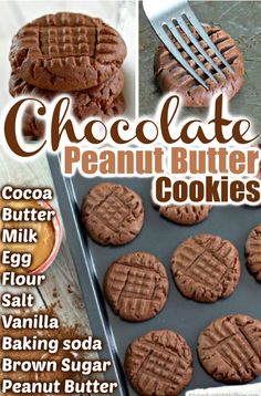 chocolate peanut butter cookies on a baking sheet with a spatula and fork in the background