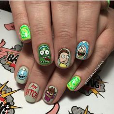 Rick And Morty Nails, Rick E Morty, Cartoon Nail Art, Disney Acrylic Nails, Anime Nails, Rick Y Morty, Goth Nails