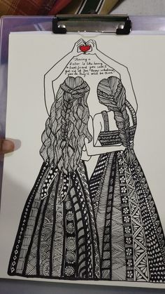 a drawing of two women in dresses holding each other's hands and looking at one another