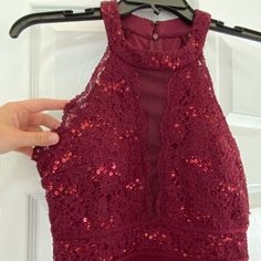 Maroon Halter Top Dress. Fitted Throughout. Lace And Sequin Top. Stretchy Material. New With Tags! Size Juniors 5/6 Fitted Burgundy Dress For Homecoming, Burgundy Fitted Homecoming Dress, Brown Lace Party Dress, Halter Top Dress, Halter Top Dresses, Dress Fitted, Sequin Top, Junior Dresses, Top Dress