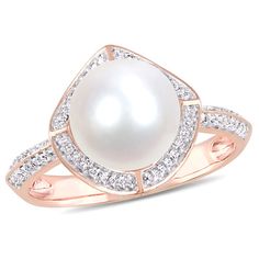 Give her a reason to dress up with this glamorous pearl and diamond ring. Crafted in precious 10K rose gold, this refined look features a luminous 8.5-9.0mm cultured freshwater pearl wrapped in a sculpted scalloped frame lined with sparkling diamonds. Additional diamonds shimmer along the knife-edged shank. Captivating with 1/4 ct. t.w. of diamonds and a brilliant buffed luster, this ring radiates beauty and style. Rose Gold Halo Ring, Vintage Halo Ring, Cultured Pearl Ring, Frame Ring, Vintage Halo, Rose Gold Halo, Pearl And Diamond Ring, Gold Cocktail Ring, Rose Gold Band