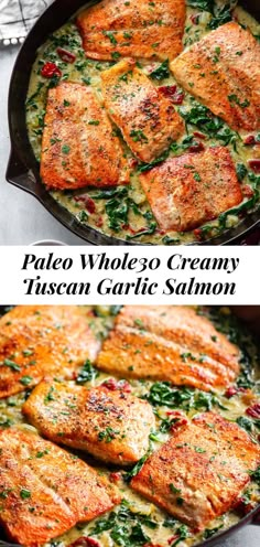 salmon and spinach casserole in a cast iron skillet with text overlay