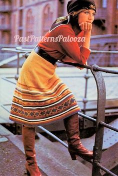 "Offering a vintage digital PDF knitting pattern to make a pretty skirt with a stripes, diamonds and triangles border! Geometric shapes in sunset and earthy coloring give it a Southwestern/Aztec flair. The skirt is knitted in rounds  in stockinette stitch on a circular needle (size UK2/US11) and features a back zipper and elastic waistband. 1970's pattern in a classic fashionable style that defies time :) Instructs for two sizes: 37\" and 40\" hip. Includes full color knitting diagram for design and row by row written instructions. US terminology pattern in English language only. INSTANT DOWNLOAD - Not a hard copy = means no shipping cost to you as well as immediate receival. The pattern will be available for you to download in PDF format directly after your payment is received. PDF file w Knit Skirt Pattern, Aztec Skirt, Circular Skirt, Pretty Skirts, Knit Art, 70’s Fashion, Vintage Knitting Patterns, Knitting Needle, Pdf Knitting Pattern