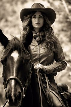 a woman wearing a cowboy hat riding on the back of a horse