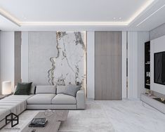 a modern living room with marble walls and flooring