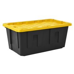 a black and yellow plastic storage box