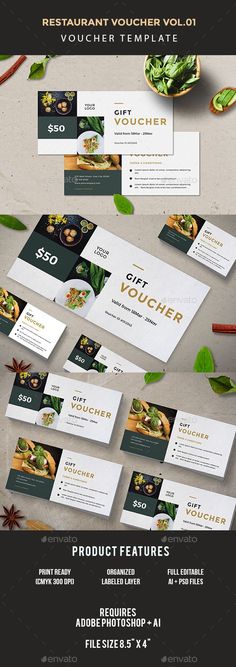 an assortment of food and drink menus with green leaves on the side, including brochu