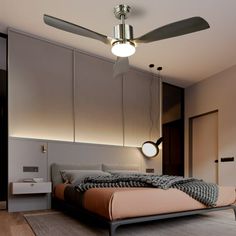 a bed room with a neatly made bed and a ceiling fan in the middle of it