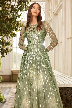 Sequin Dash Long Sleeve Ankle Gown – Green | Needle & Thread Needle And Thread Dress, Ankle Length Gown, Weddind Dress, Gown Green, Veil Accessories, Sleeve Gown, Green Dresses, Long Sleeve Gown, Needle Thread