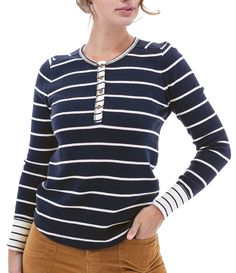 From Aventura&#x2C; this top features:Rib knit fabricationCrew necklineLong sleevesStriped printPartial front button closureApprox. 25" lengthCotton/tencelMachine wash/tumble dryImported. Henley Top, Outdoor Wear, Dillard's, Top Tee, Knit Top, Rib Knit, Tops & Tees, Knitting, Clothes For Women