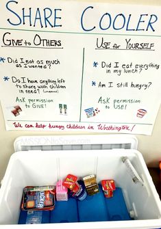 a cooler filled with food next to a sign that says share cooler give to others