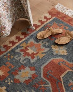 a pair of sandals sitting on top of a rug