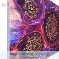 an abstract painting with gold and purple designs on it's canvas, hanging on the wall