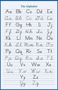 the alphabet is written in cursive writing on lined paper with blue border and black letters