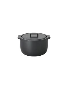 a black pot on a white background with a lid in the shape of an oval