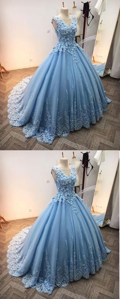 Wedding Ball Gown For Prom Season, Blue Sleeveless Pageant Dress For Wedding, Floor-length Pageant Dress For Prom Season, Simple Prom Dress Long, Pretty Quinceanera Dresses, Prom Dresses Long Lace, Dress Display, Lace Prom Dress, Quinceanera Dress