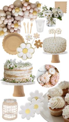 a collage of cakes, cupcakes, and other dessert items with flowers on them