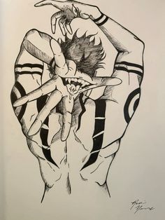 a black and white drawing of two people holding each other's hands in the air