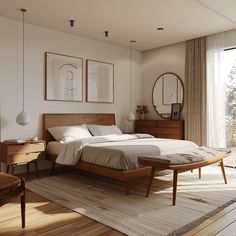 a bed room with a neatly made bed next to a dresser and mirror on the wall