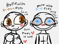 two people with brown eyes and blue eyes, both have different expressions on their faces