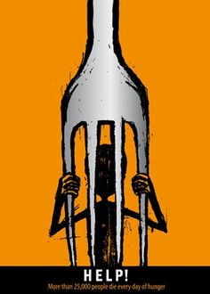 an orange and black poster with the words help on it's back side, in front of a stylized image of a rocket ship