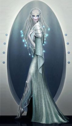 a digital painting of a woman in a white dress with blue lights around her head