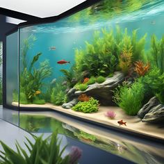 an aquarium filled with lots of green plants and fish swimming in it's water